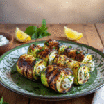 Crème de ricotta mélangée avec du zeste de citron, du persil ciselé et de l'ail haché. Bouchées de Courgettes Grillées à la Ricotta Citronnée