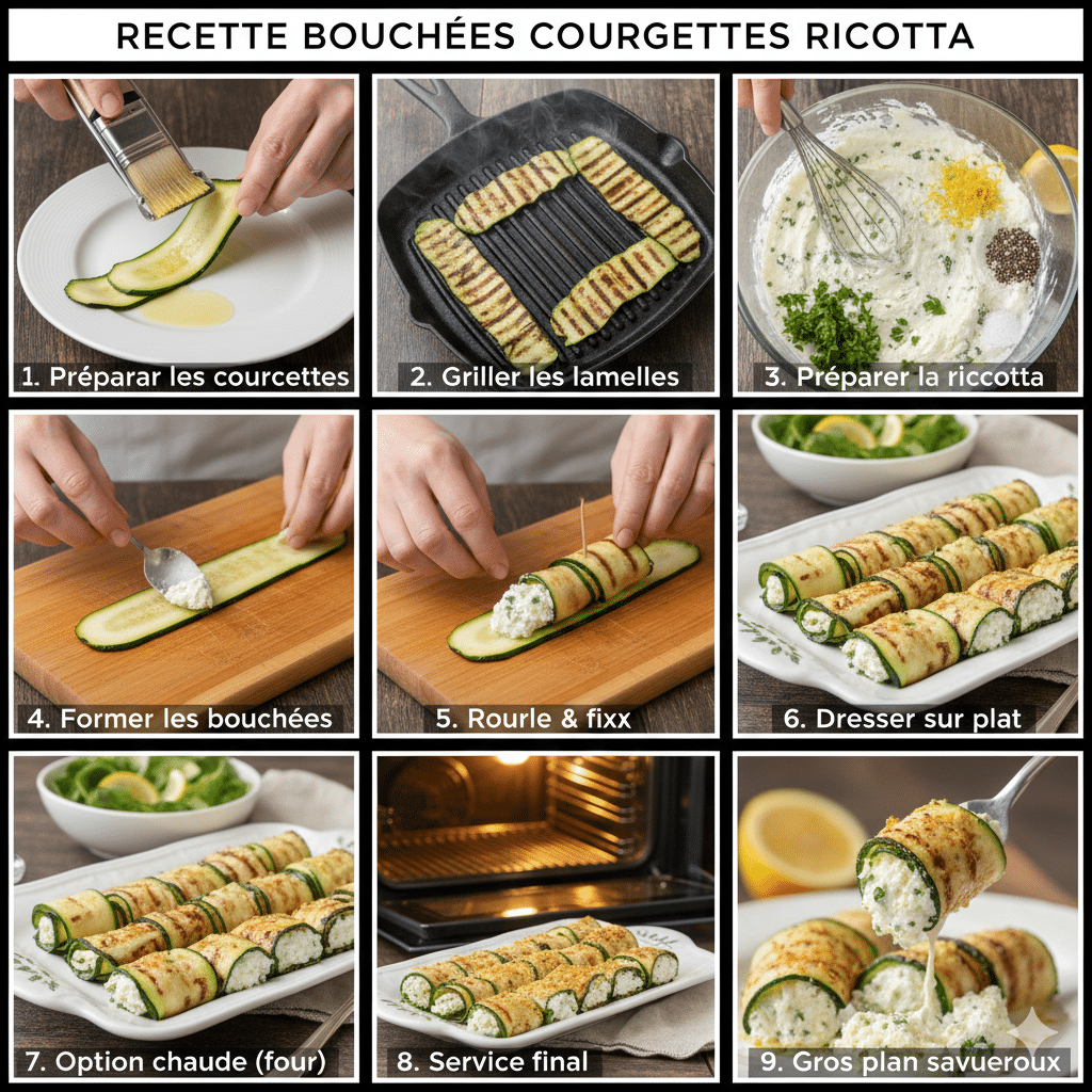 Fines lamelles de courgettes posées sur une poêle grill, avec des marques de gril foncées. Bouchées de Courgettes Grillées à la Ricotta Citronnée