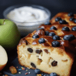 Tranche de gâteau léger au Skyr et aux pommes, montrant la mie moelleuse et les pommes.