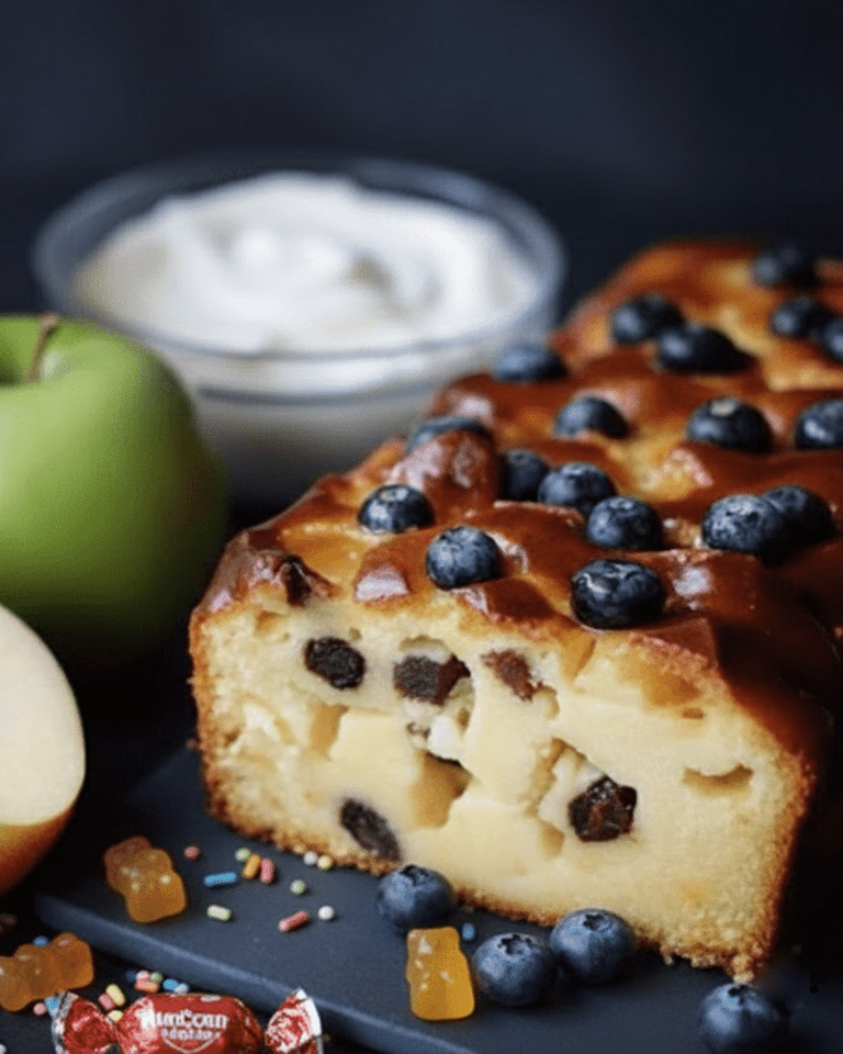Tranche de gâteau léger au Skyr et aux pommes, montrant la mie moelleuse et les pommes.
