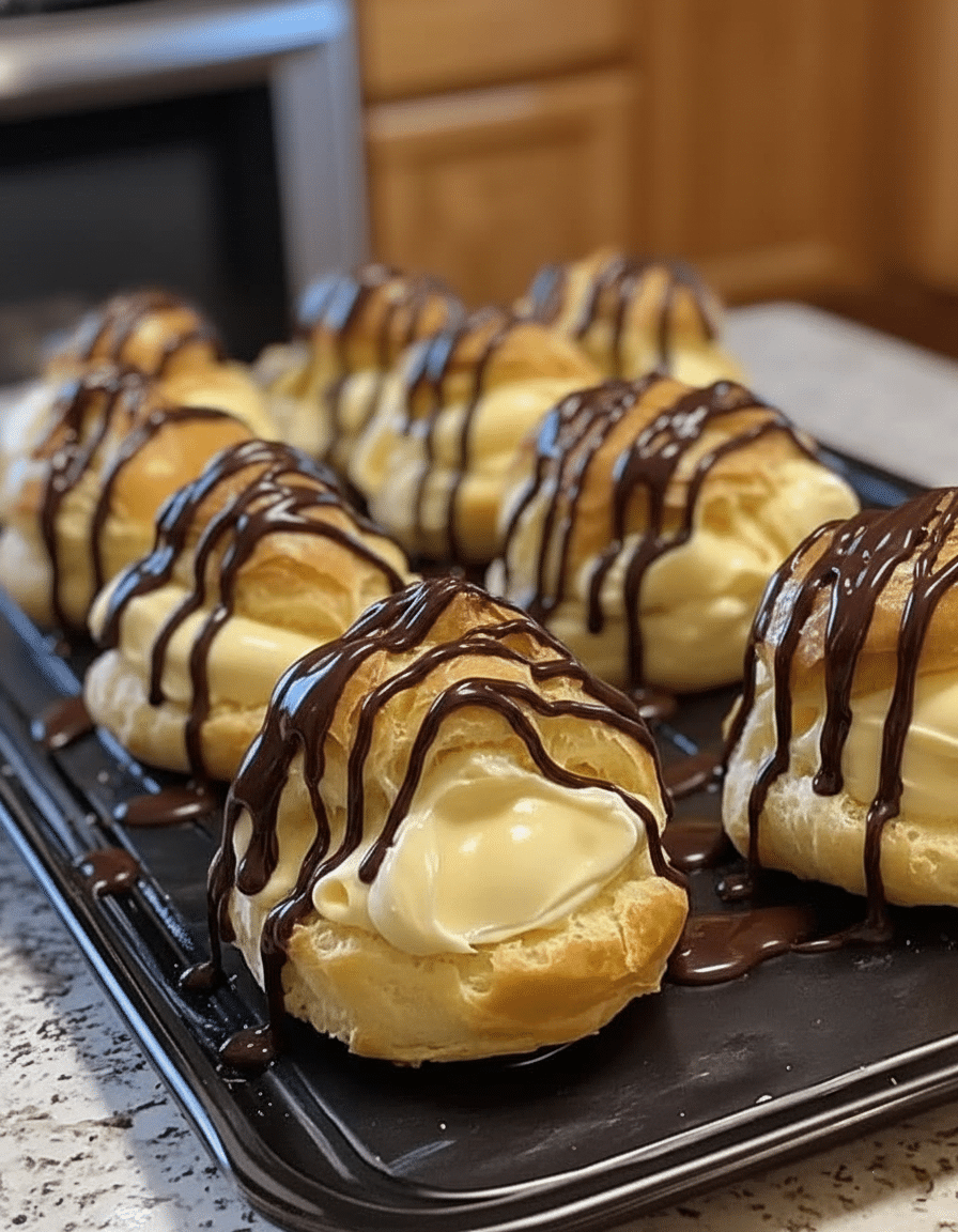 Choux à la crème pâtissière 1 Pâte à choux au chocolat en train d'être pochée en petits dômes réguliers sur une plaque de cuisson.