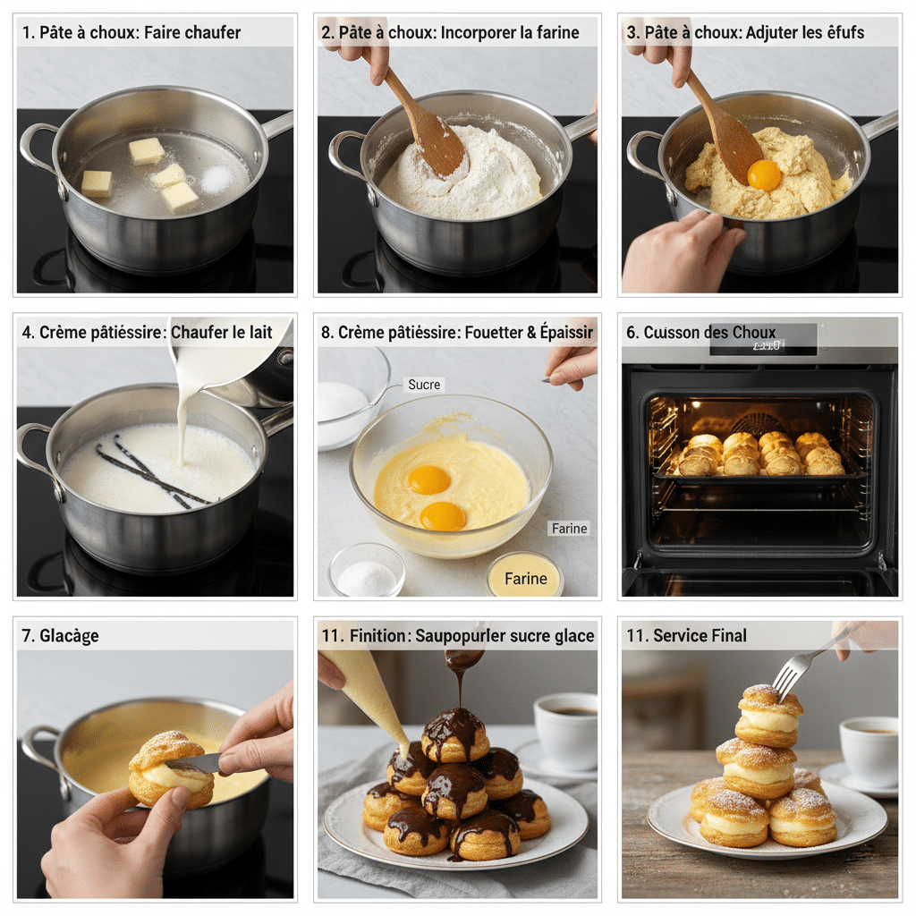 Crème pâtissière à la vanille, onctueuse, remplissant un chou par un petit trou créé sous la base.
