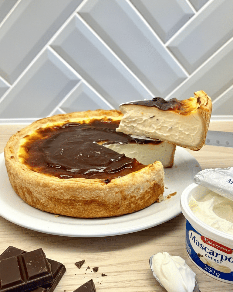 Flan pâtissier classique avec dessus caramélisé et brun foncé, sur une pâte feuilletée.