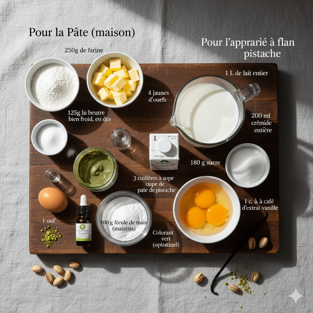 Crème pâtissière verte, lisse et épaisse, dans une casserole après l'ajout de la pâte de pistache. Flan Pistache Mais