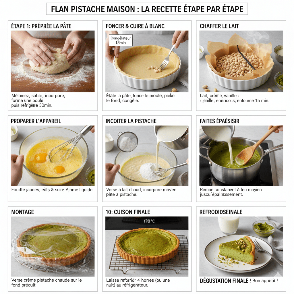 Pâte sablée ayant une texture de sable grossier après mélange du beurre froid et de la farine pour la base du flan. Flan Pistache Mais