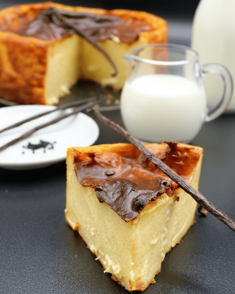 Flan au Lait Concentré Sucré avec une tranche coupée, montrant la texture dense et la couleur vanillée, sans pâte.