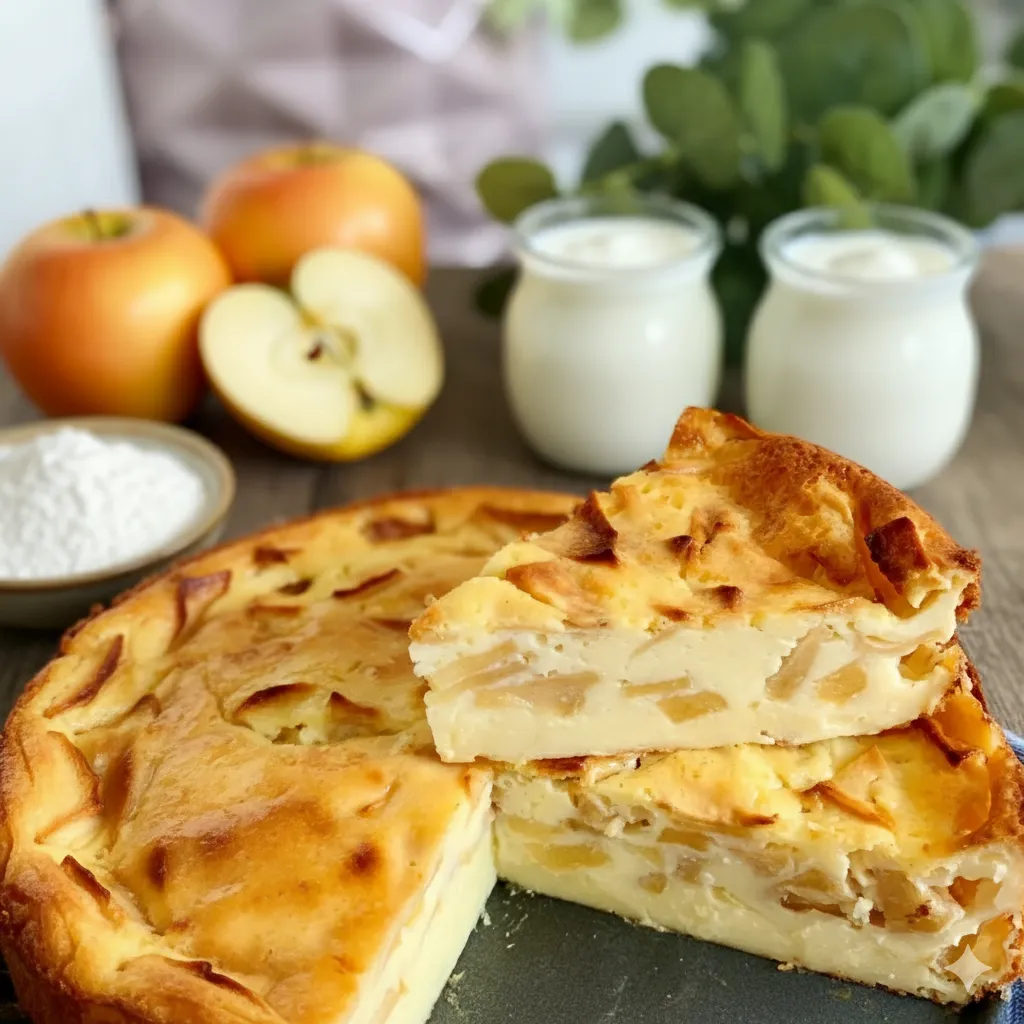 Des lamelles de pommes Golden finement tranchées et disposées en rosace au fond d'un moule à flan rond et beurré.
