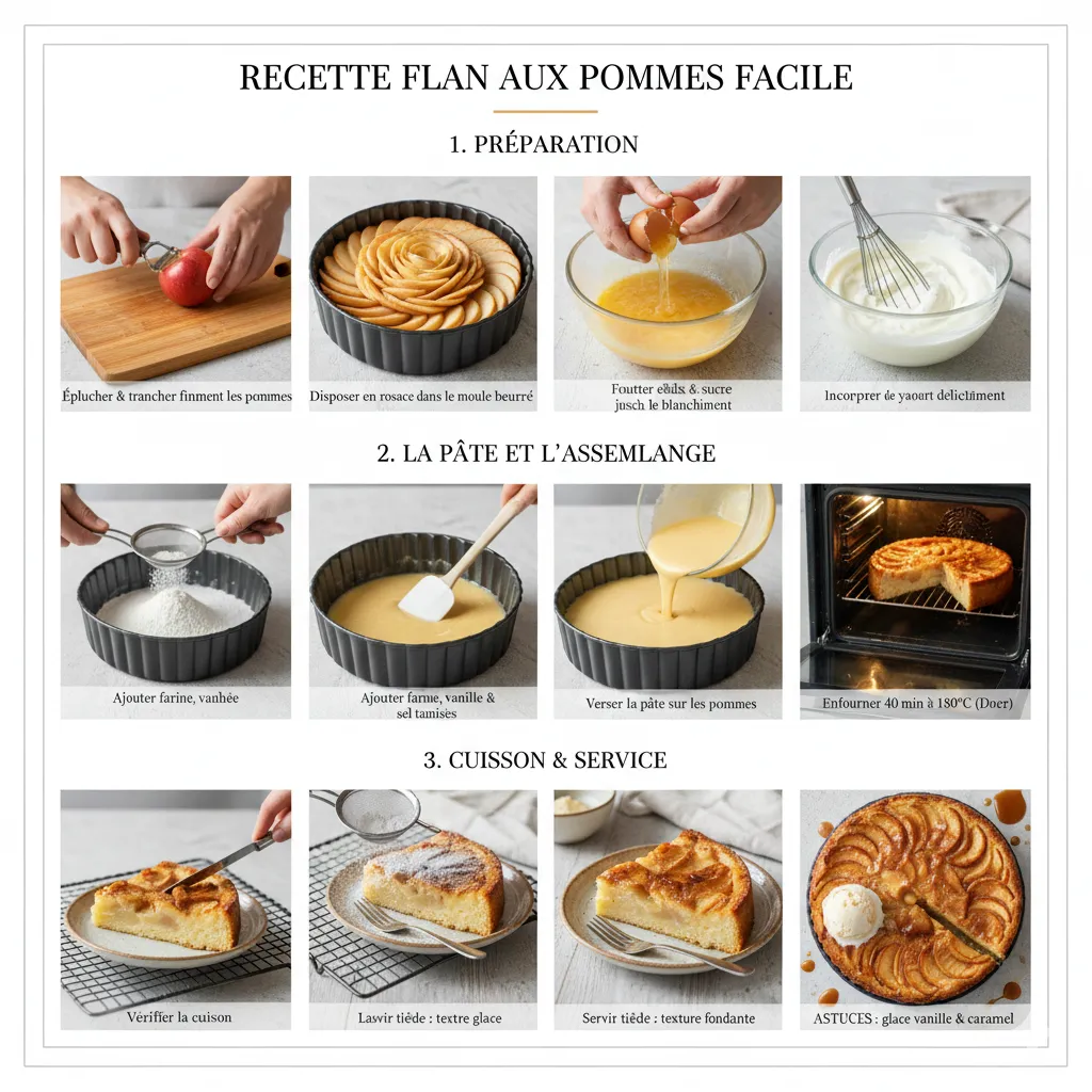 Une pâte à flan onctueuse et lisse de couleur crème versée délicatement d'un saladier sur les lamelles de pommes dans le moule.