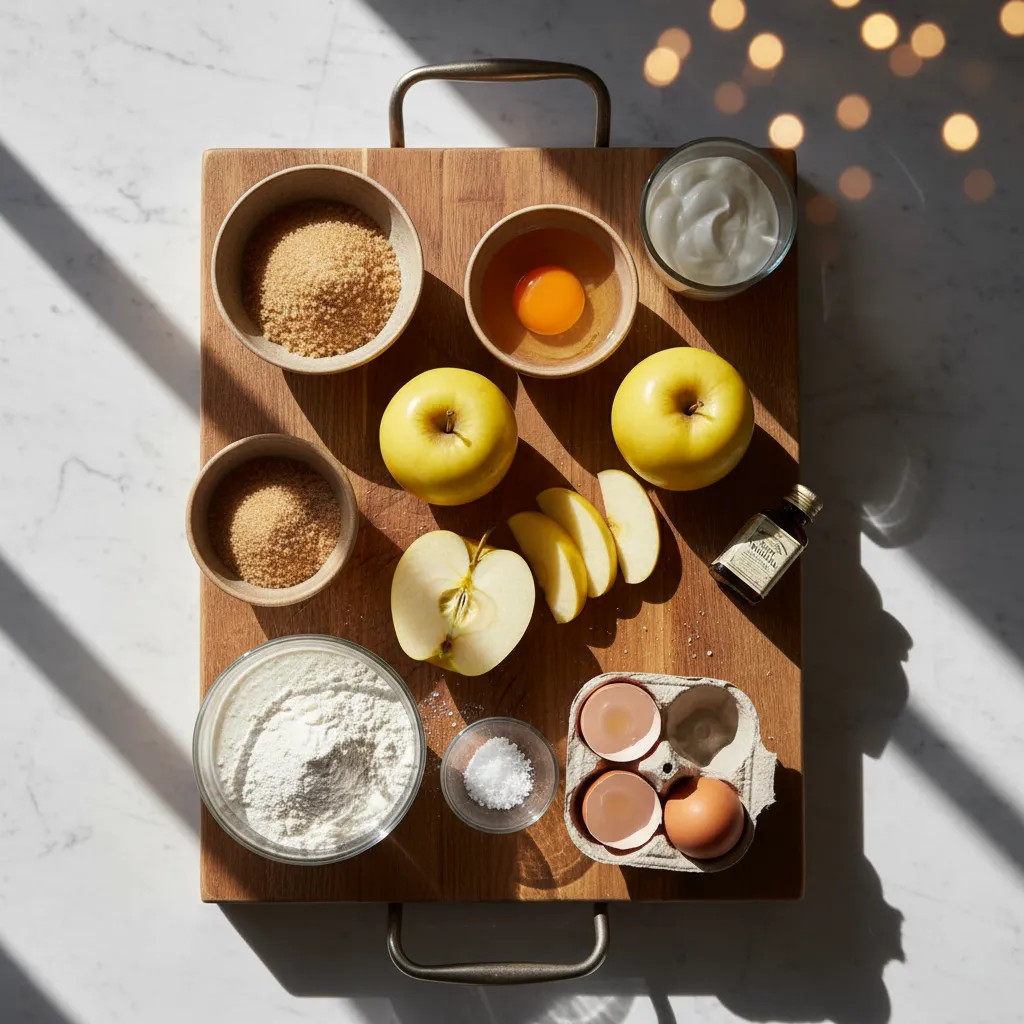 Un magnifique flan aux pommes au yaourt doré et cuit, avec une part découpée sur une assiette révélant la texture fondante.