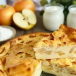 Les ingrédients pour le flan aux pommes au yaourt étalés sur un plan de travail en bois : pommes Golden, œufs, yaourts et farine.