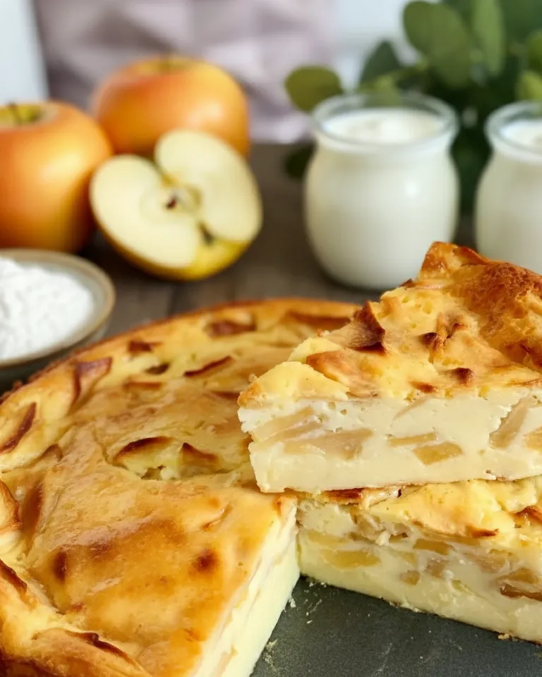 Les ingrédients pour le flan aux pommes au yaourt étalés sur un plan de travail en bois : pommes Golden, œufs, yaourts et farine.