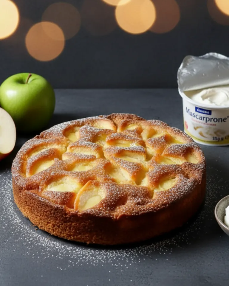 Gâteau aux pommes doré saupoudré de sucre glace sur une grille de refroidissement.