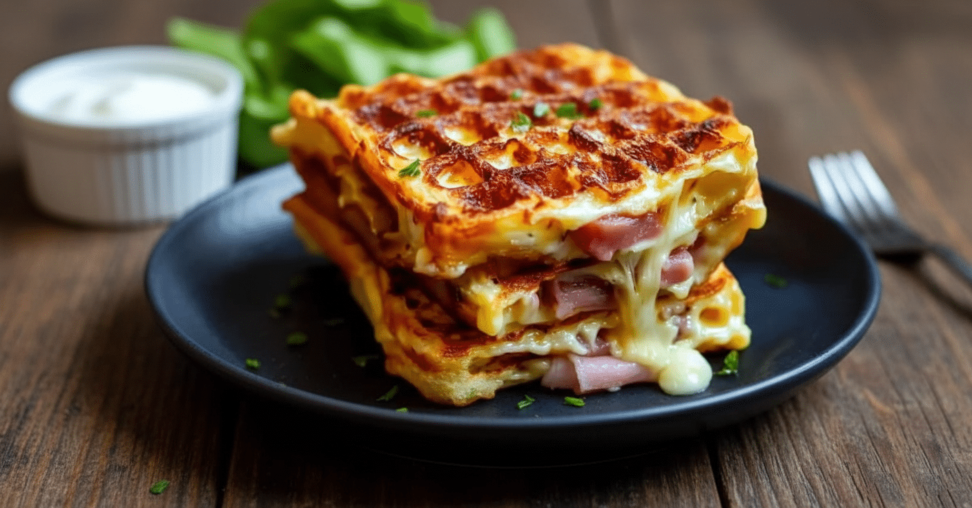 Gaufrier ouvert, montrant une gaufre salée en cours de cuisson, bien dorée et alvéolée. Gaufres Salées au Jambon et Fromage