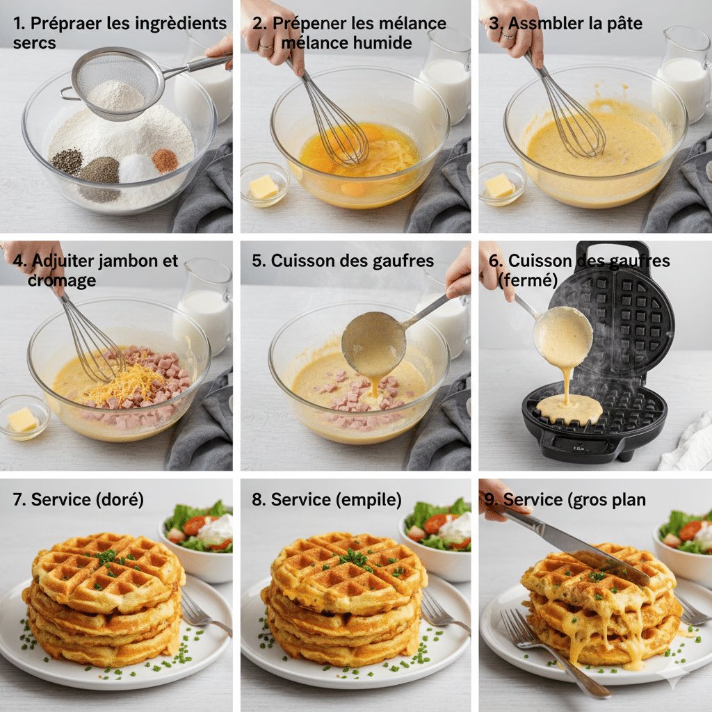 Dés de jambon et fromage râpé (Emmental) ajoutés à la pâte, prêts à être mélangés délicatement. Gaufres Salées au Jambon et Fromage