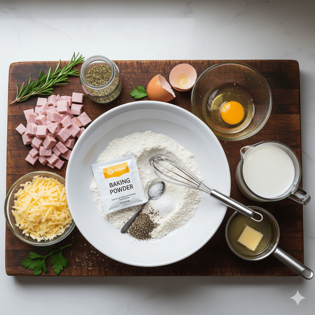 Pâte à gaufres épaisse et crémeuse dans un saladier, après le mélange des ingrédients secs et humides. Gaufres Salées au Jambon et Fromage