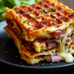 Une Gaufres Salées au Jambon et Fromage , parfaitement dorée, posée sur une grille.