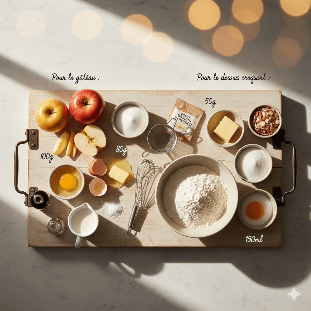 Gâteau aux pommes en mi-cuisson, nappé du mélange amandes/beurre pour la caramélisation.