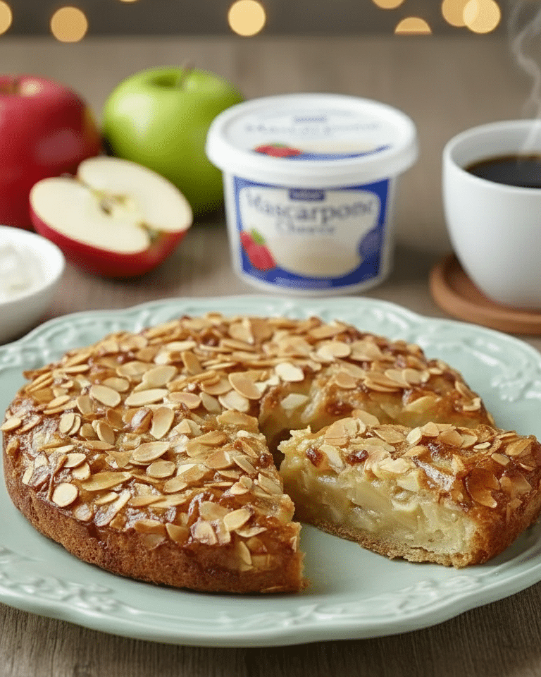 Grimolle aux pommes avec glaçage caramélisé aux amandes, dorée, servie dans le plat.