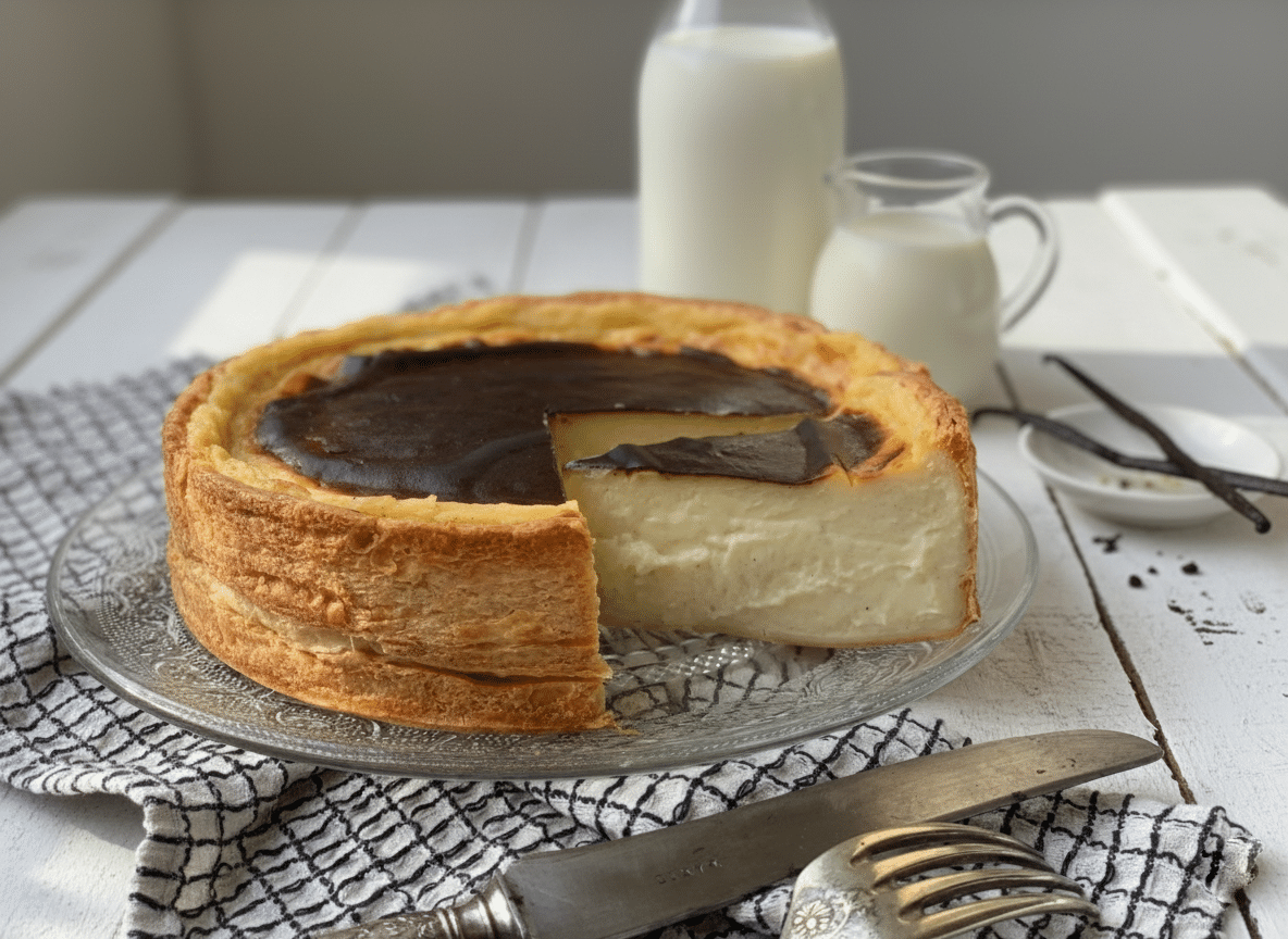 Une tranche de Flan Pâtissier coupée, révélant la texture ultra crémeuse et la couche de pâte feuilletée croustillante.