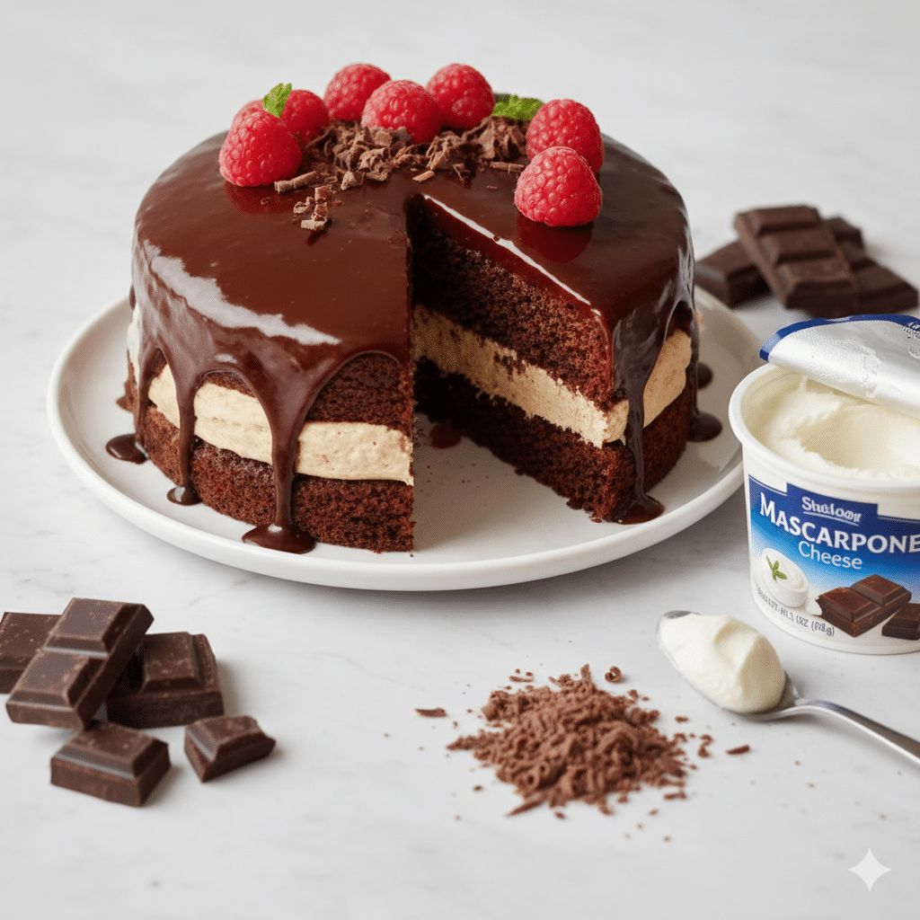 Tranche de Gâteau Fondant montrant la génoise moelleuse et la couche épaisse de crème mascarpone.
