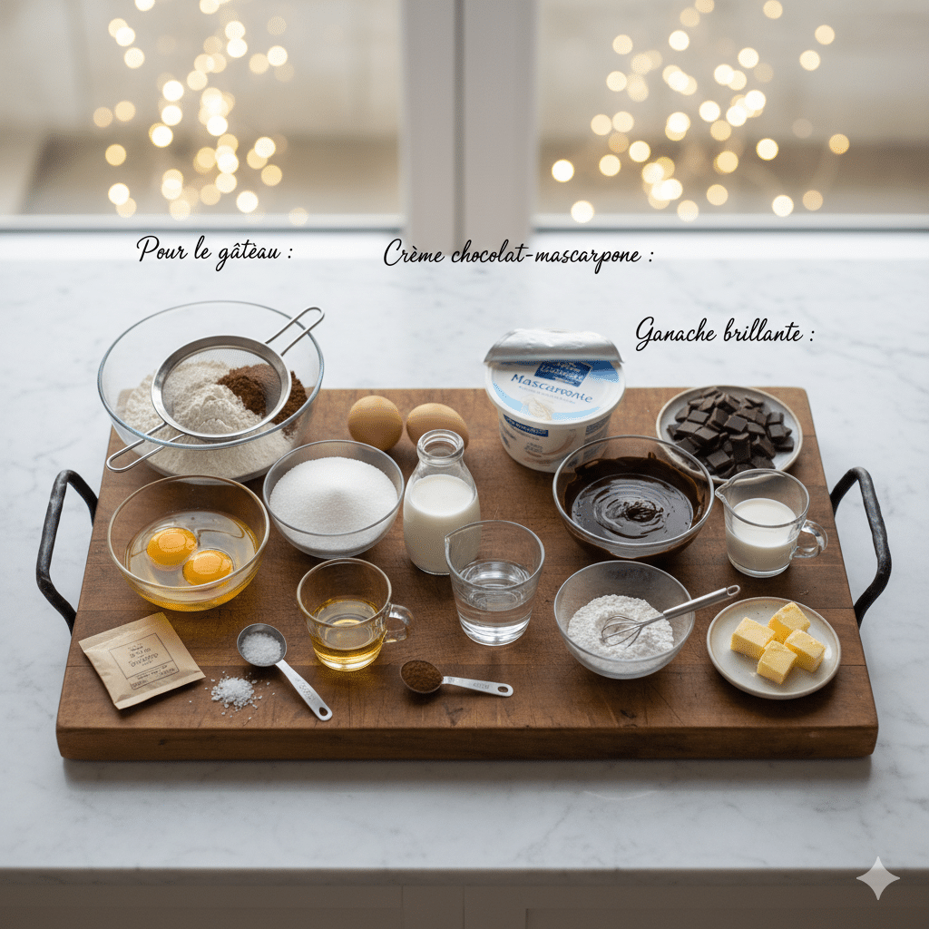 Ingrédients secs, œufs et lait pour le gâteau, mascarpone et chocolat pour la crème.