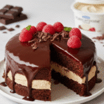 Gâteau Fondant Chocolat et Mascarpone entièrement nappé de ganache brillante, prêt à être servi.