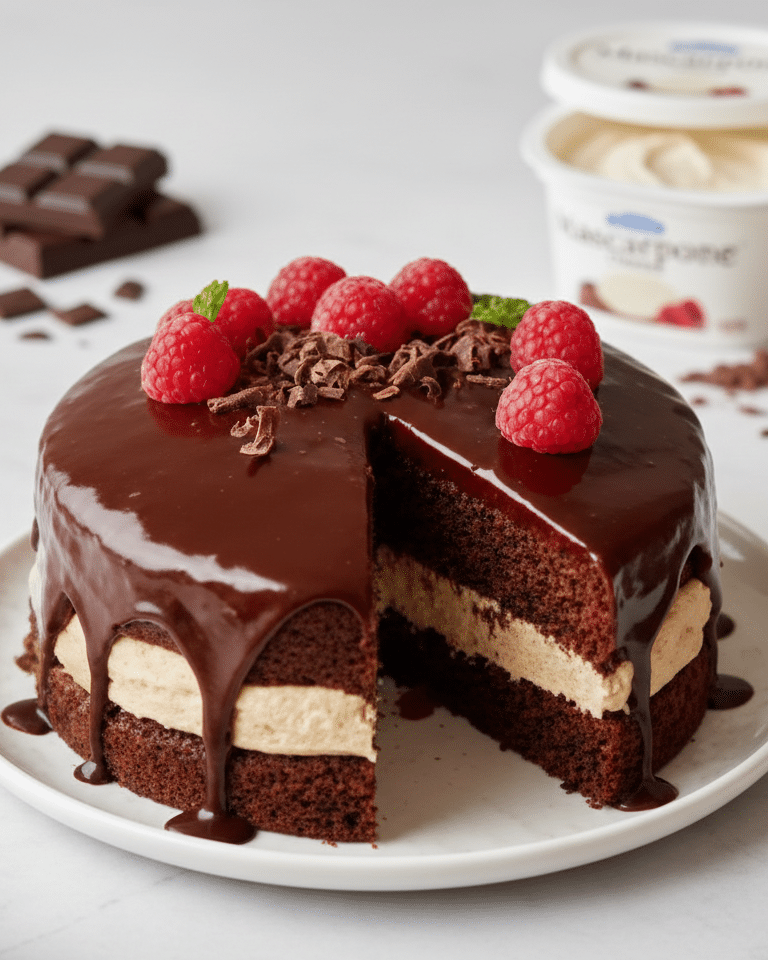 Gâteau Fondant Chocolat et Mascarpone entièrement nappé de ganache brillante, prêt à être servi.