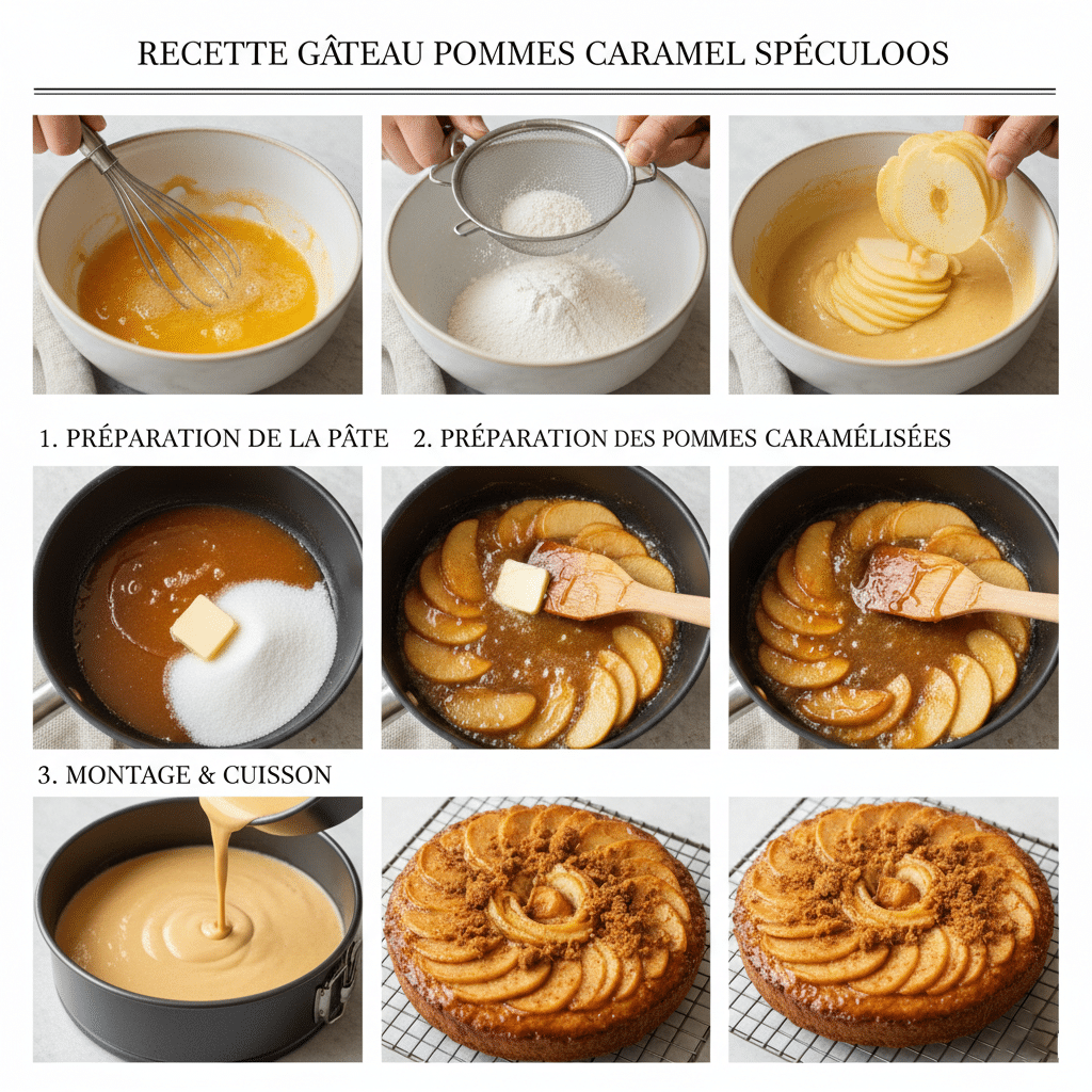 Gâteau entier aux pommes et caramel, saupoudré de spéculoos émiettés.