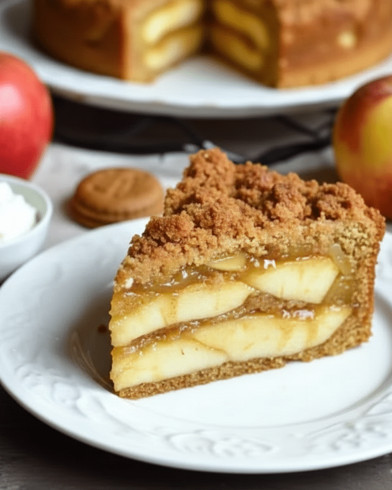 Tranche de moelleux aux pommes et caramel, montrant les lamelles de pommes dans la mie.