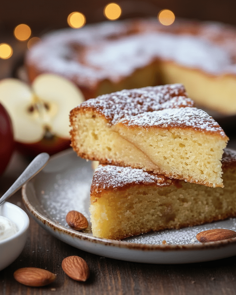 Moelleux frangipane au rhum, doré, saupoudré de sucre glace sur une assiette.