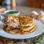 Des pancakes salés cuisant dans une poêle, montrant les petites bulles caractéristiques à la surface. Pancakes jambon fromage savoureux