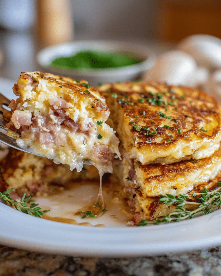 Une pile de Pancakes Jambon Fromage, moelleux et dorés, prêts à être servis. Pancakes jambon fromage savoureux