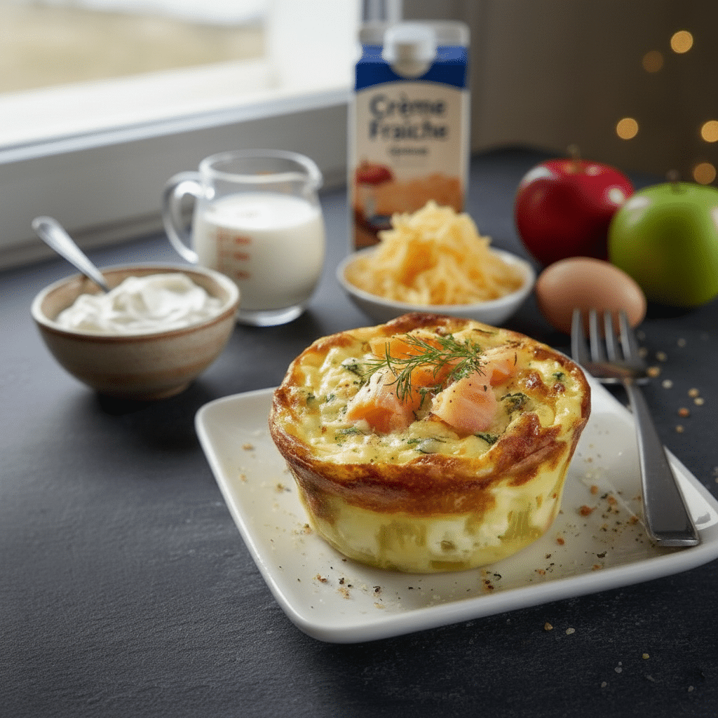 Petit Flan aux Poireaux et Saumon Fumé 1 L'appareil à flan avec les morceaux de saumon fumé et les poireaux fondus.