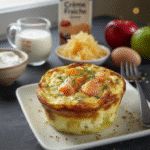 Le flan aux poireaux et saumon fumé, doré et ferme, dans son plat de cuisson. Petit Flan aux Poireaux et Saumon Fumé