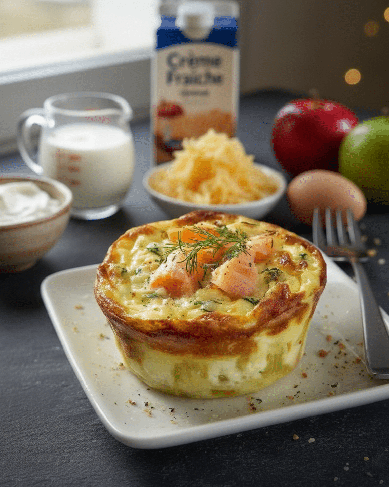 Le flan aux poireaux et saumon fumé, doré et ferme, dans son plat de cuisson. Petit Flan aux Poireaux et Saumon Fumé