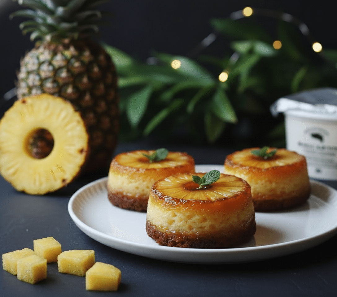 Petits Moelleux Renversés à l’Ananas et Mascarpone 1111 Pâte à moelleux au mascarpone versée sur l'ananas et le caramel dans les alvéoles.