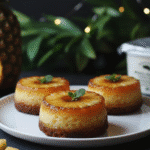 Petits Moelleux Renversés à l’Ananas et Mascarpone, servi sur une assiette individuelle.