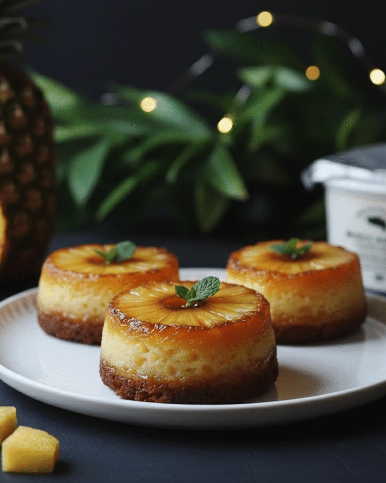 Petits Moelleux Renversés à l’Ananas et Mascarpone, servi sur une assiette individuelle.