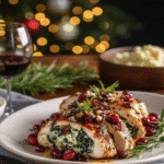 Poulet farci et doré, arrosé du glaçage miel-balsamique et décoré de romarin. Poulet farci épinards brie et canneberges