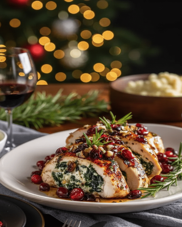 Poulet farci et doré, arrosé du glaçage miel-balsamique et décoré de romarin. Poulet farci épinards brie et canneberges