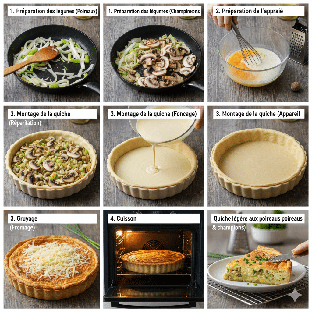 Poireaux émincés et champignons coupés, cuisant dans une poêle pour éliminer l'humidité. Quiche Légère Poireaux et Champignons