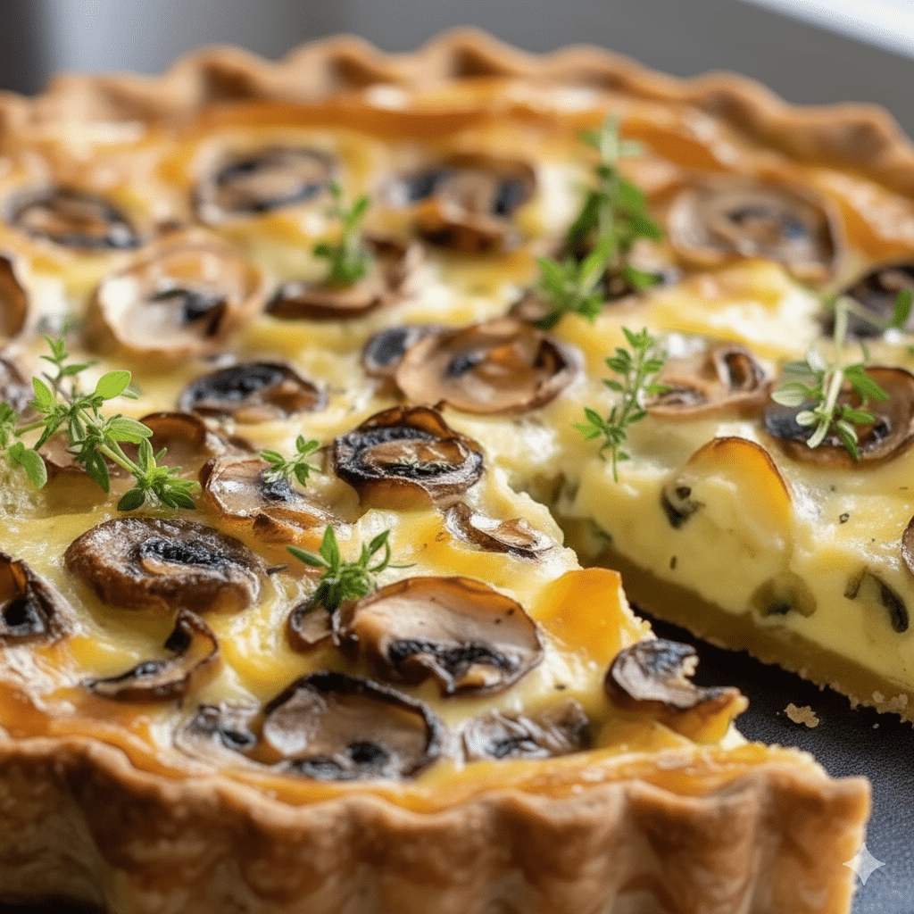 Quiche avant cuisson : pâte brisée foncée, légumes, appareil crémeux et fromage râpé sur le dessus. Quiche Légère Poireaux et Champignons