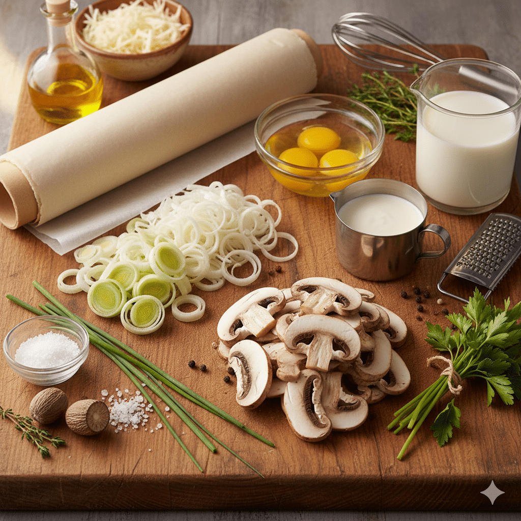 Un grand bol contient le mélange pour l'appareil à quiche : œufs battus, crème fraîche légère, lait écrémé, sel, poivre et muscade. Le mélange est homogène et légèrement mousseux, représentant la base allégée du plat. Quiche Légère Poireaux et Champignons
