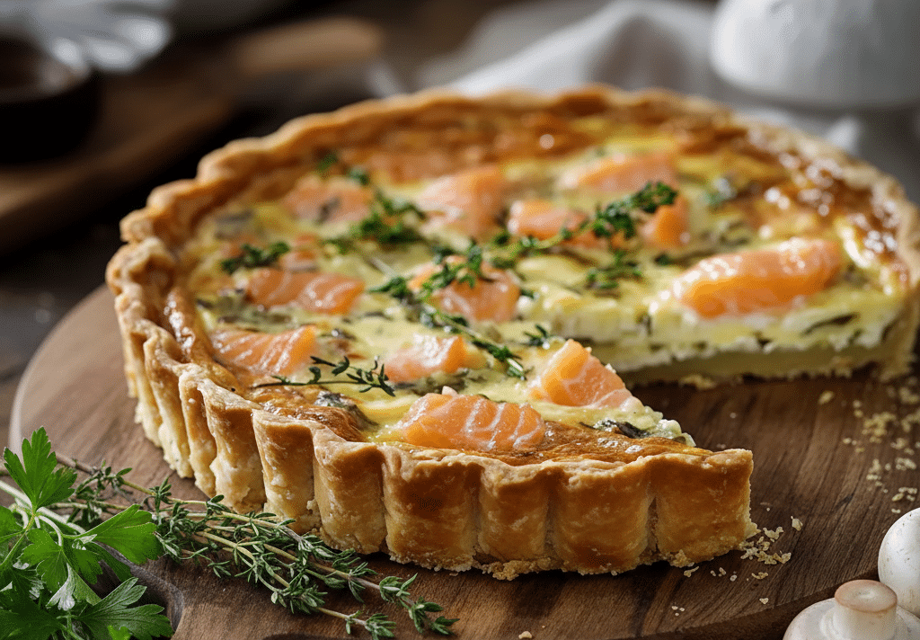 Quiche aux poireaux et au saumon fumé 1 Quiche aux poireaux et saumon fumé sortie du four, avec une croûte dorée et croustillante. Quiche aux poireaux et au saumon fumé