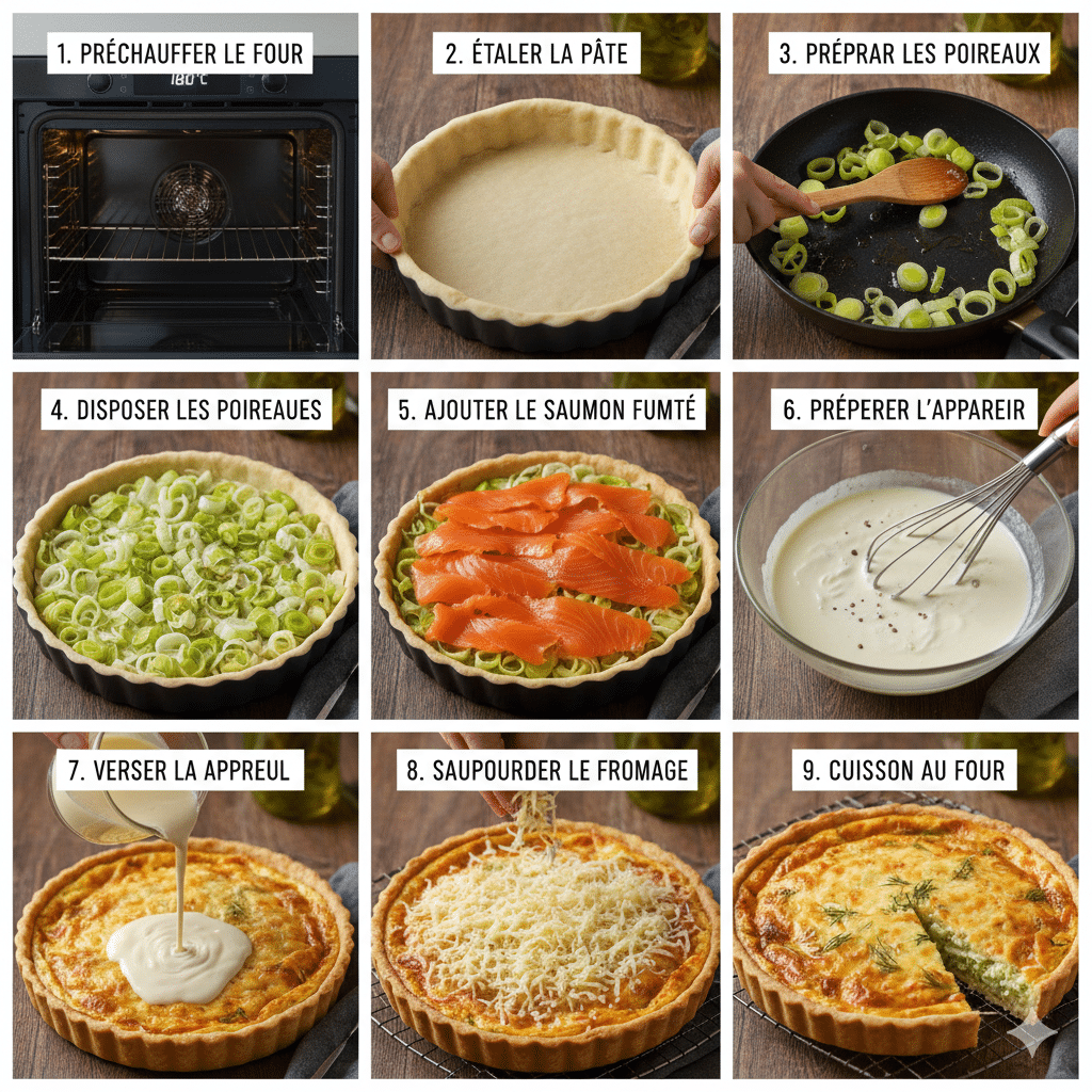 Poireaux émincés cuisant doucement dans une poêle, réduisant en volume et devenant tendres. Quiche aux poireaux et au saumon fumé
