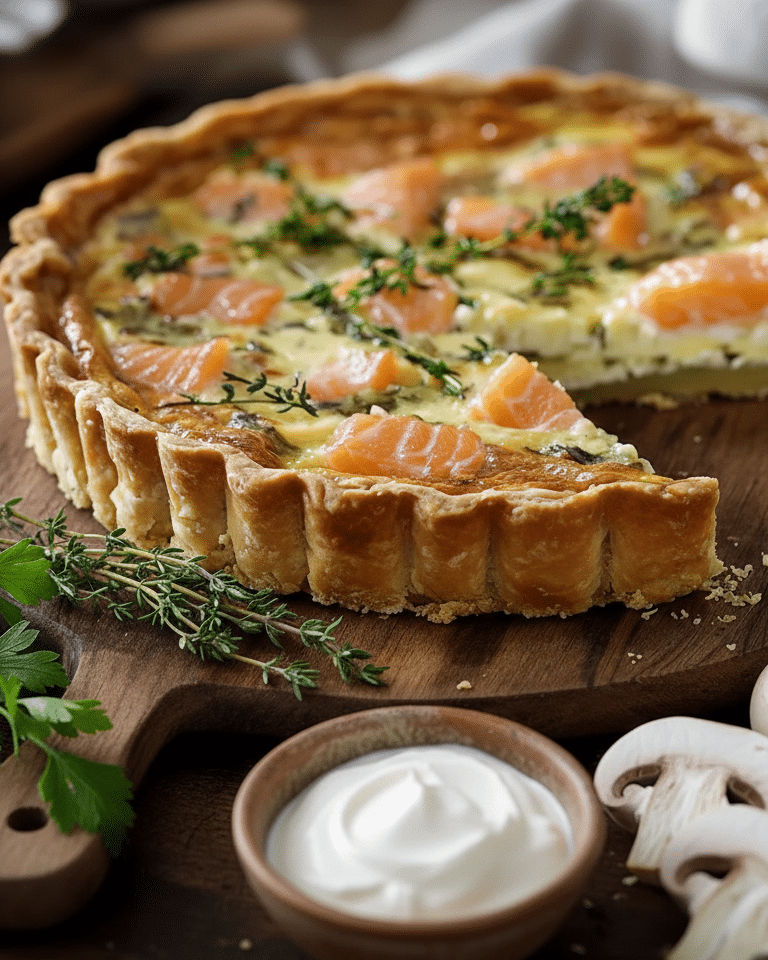 Une part de quiche coupée, révélant les couches de pâte, poireaux, saumon et l'appareil crémeux. Quiche aux poireaux et au saumon fumé