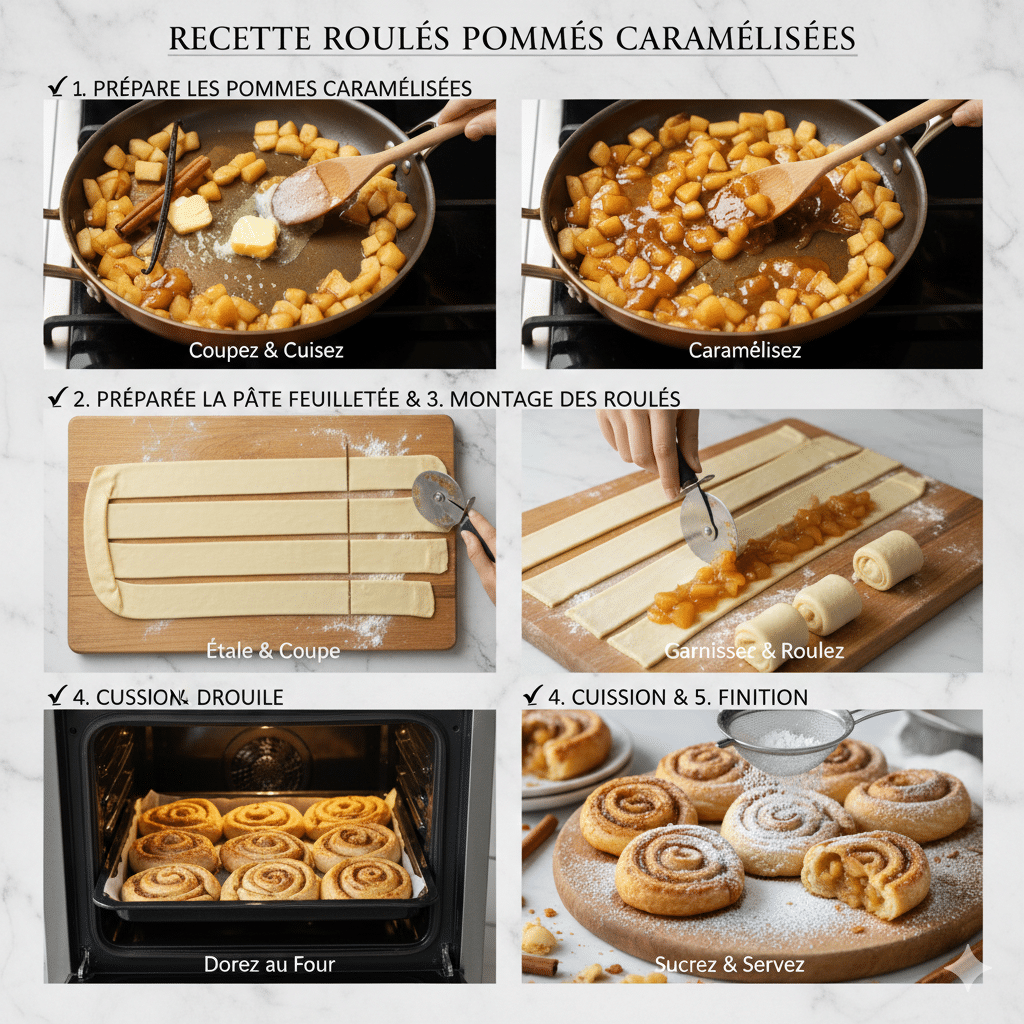 Bandes de pâte garnies de pommes roulées en spirales, posées sur une plaque de cuisson avec la soudure en dessous.