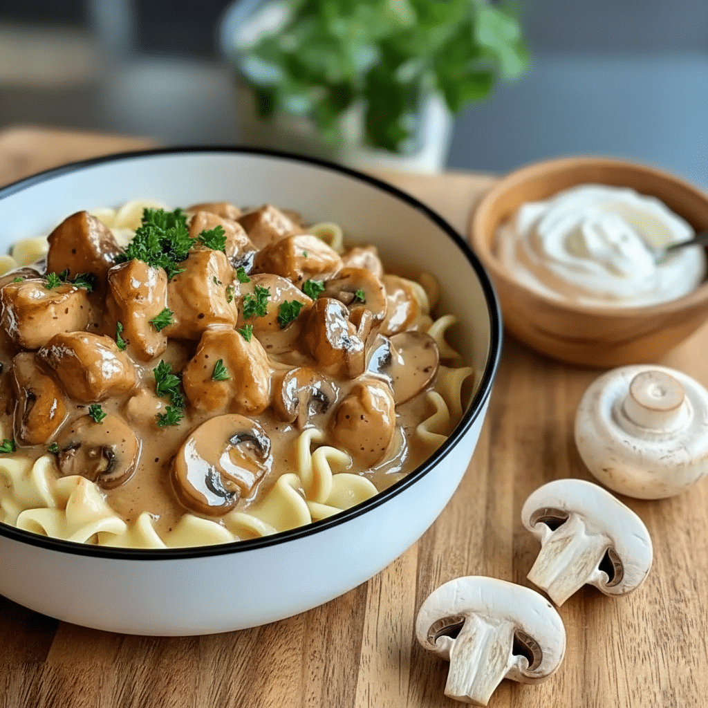 Sauce de Stroganoff en train d'épaissir dans la poêle, les champignons étant enrobés de farine et de bouillon.