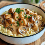 Lanières de poulet en train de dorer dans une poêle avec des oignons hachés, avant l'ajout des champignons.
