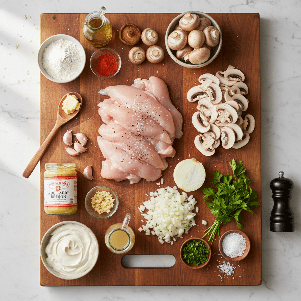 Cuillère de crème fraîche et moutarde de Dijon ajoutée à la sauce pour l'onctuosité finale.